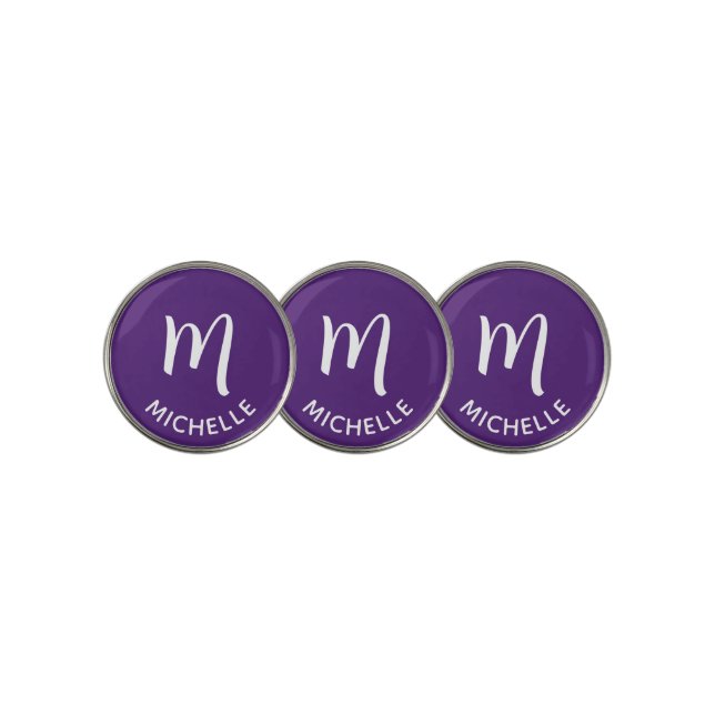 Modern Royal Purple Personal Monogram Name Golf Ball Marker (3 Up)
