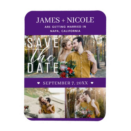 Modern Royal Purple Save the Date Wedding 3 Photos Magnet
