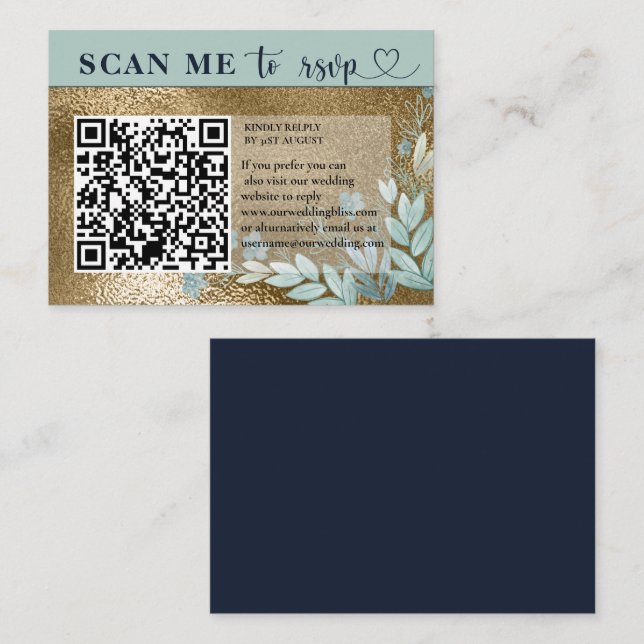 Modern RSVP QR Code Navy Blue & Gold Wedding   Enclosure Card (Front/Back)