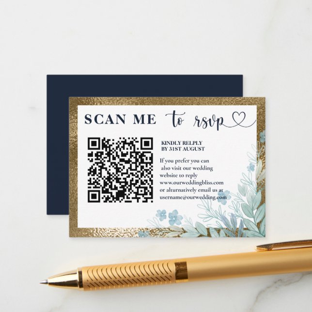Modern RSVP QR Code Navy Blue & Gold Wedding  Enclosure Card (Front/Back In Situ)