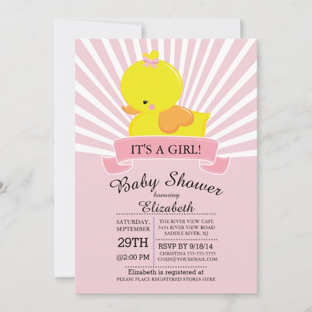 Modern Rubber Duck Girls Baby Shower Invitation (Front)