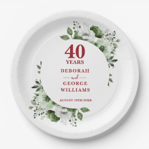 Modern Ruby 40th Wedding Anniversary Greenery  Paper Plates