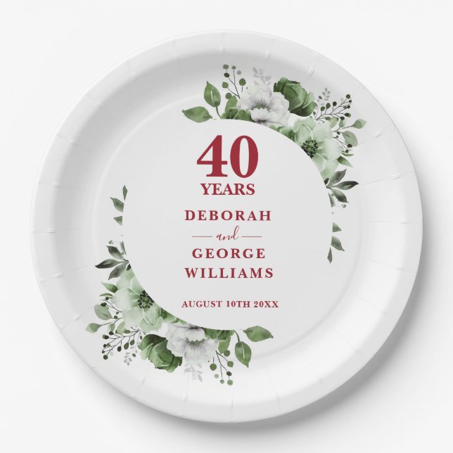 Modern Ruby 40th Wedding Anniversary Greenery  Paper Plates (Front)