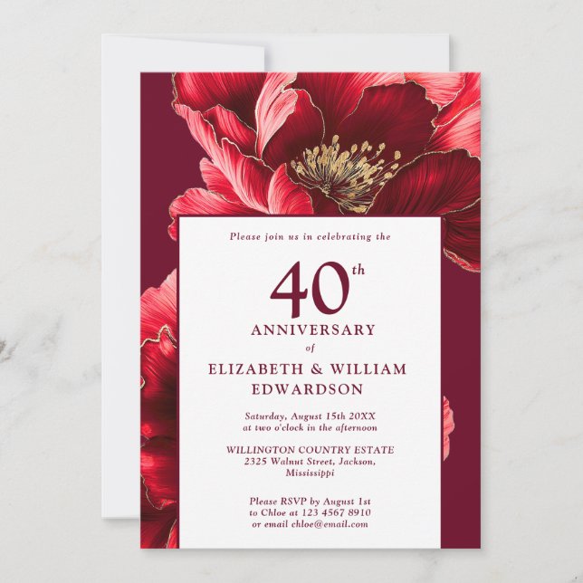Modern Ruby Red And Gold Floral 40th Anniversary Invitation (Front)