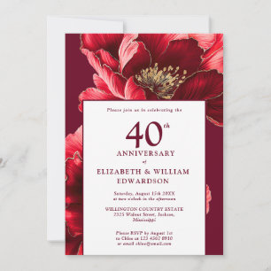 Modern Ruby Red And Gold Floral 40th Anniversary Invitation