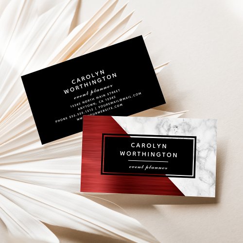 Modern Ruby Red Brushed Foil White Marble Black Business Card
