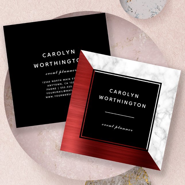 Modern Ruby Red Brushed Foil White Marble Black Square Business Card (Creator Uploaded)