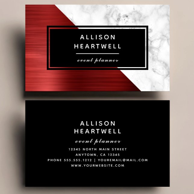 Modern Ruby Red Brushed Metal White Marble Black Business Card (Creator Uploaded)