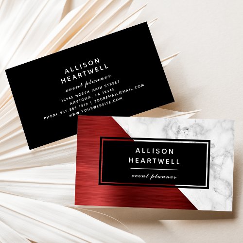 Modern Ruby Red Brushed Metal White Marble Black Business Card