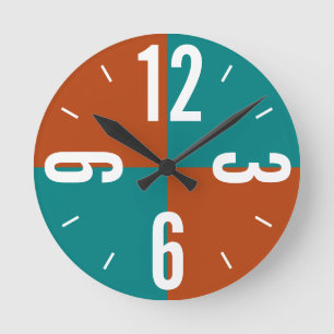 Modern rust and teal color blocks large numbers   round clock