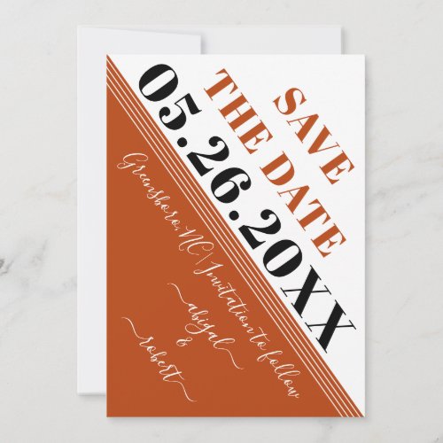 Modern rust and white and white diagonal stripes save the date