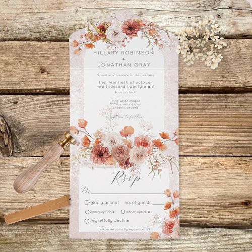 Modern Rust Boho  Neutrals Floral Dinner All In One Invitation