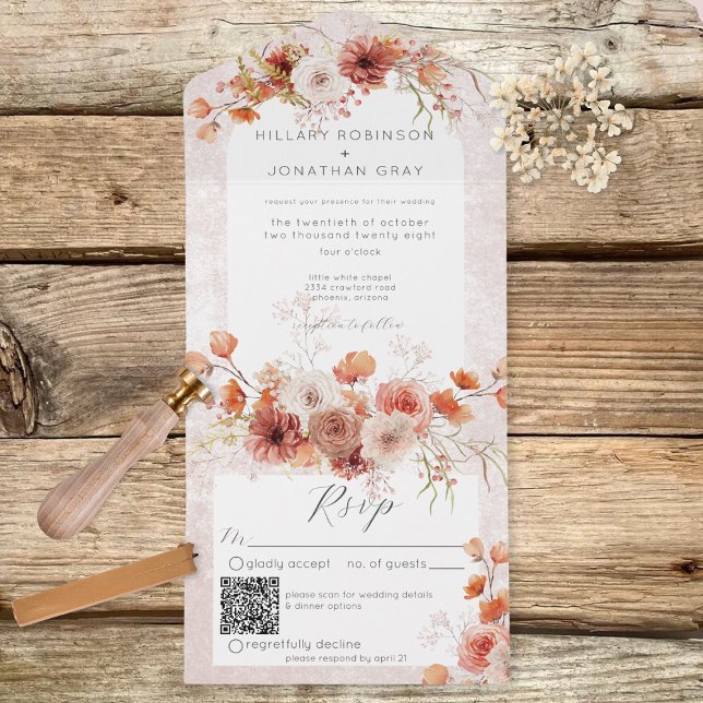 Modern Rust Boho & Neutrals Floral QR Code All In One Invitation (Creator Uploaded)