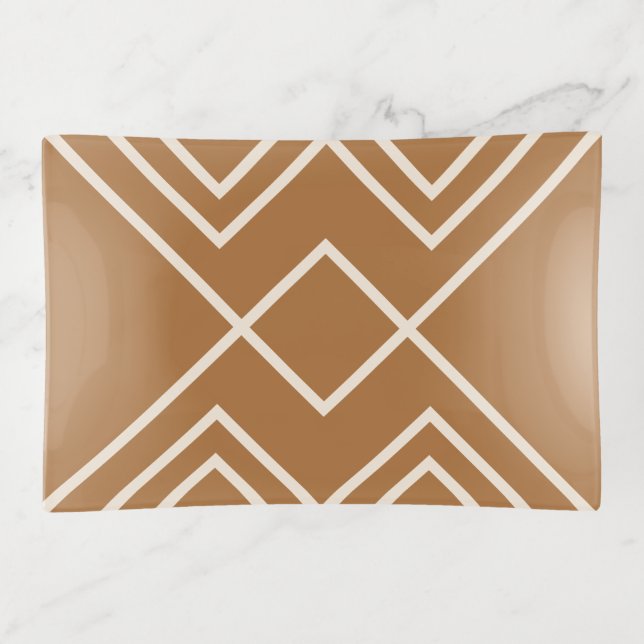 Modern Rust Brown Greige Ivory Geometric Stripes Trinket Tray (Front)