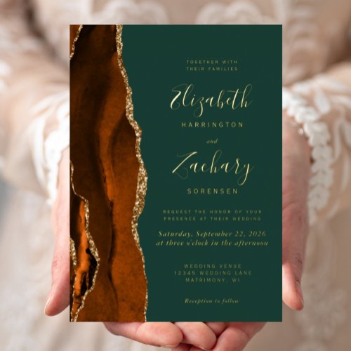 Modern Rust Gold Agate Dark Green Wedding Foil Invitation