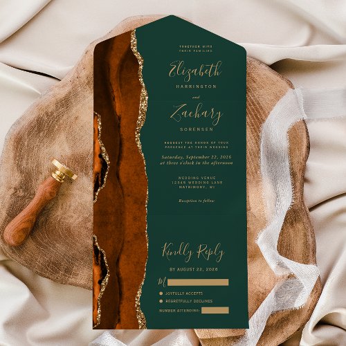 Modern Rust Gold Agate Hunter Green Wedding All In One Invitation