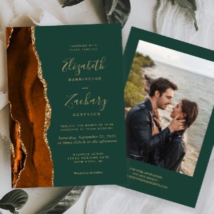 Modern Rust Gold Agate Photo Green Wedding Invitation