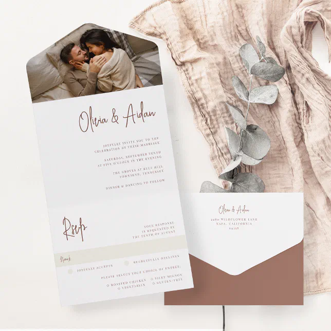 Modern Rust Handwritten Script Photo Wedding All In One Invitation | Zazzle