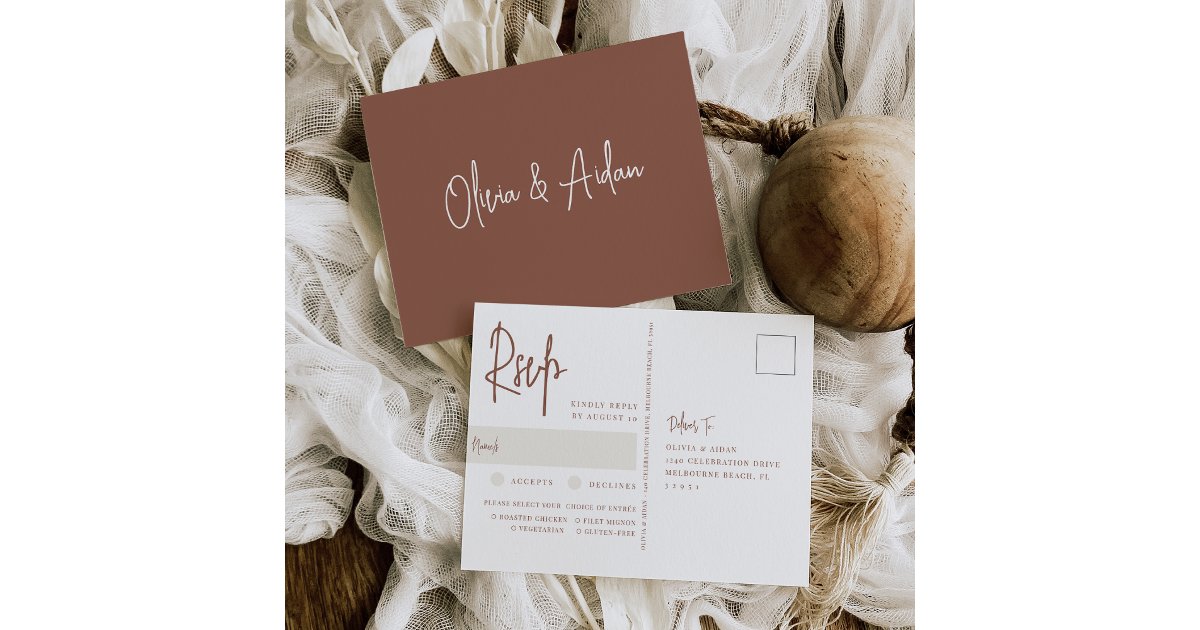 Modern Rust Handwritten Script Wedding Meal Choice Postcard | Zazzle