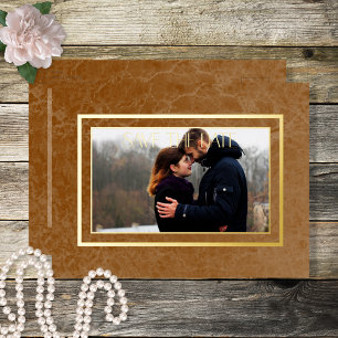 Modern Rust Marble Photo Wedding Save the Date Foil Holiday Postcard