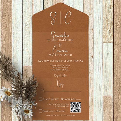 Modern Rust Minimal Monogram QR Code All In One Invitation