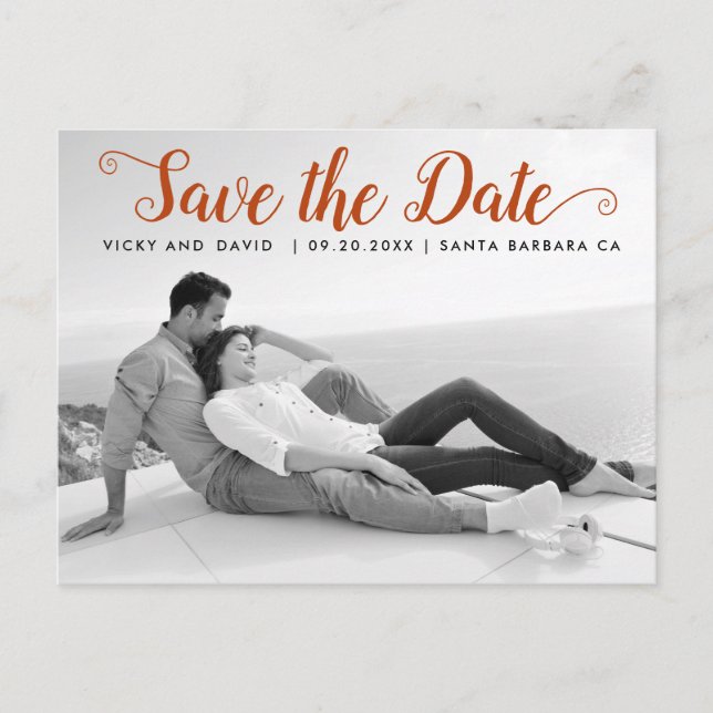 Modern rust script wedding Save the Date photo Postcard (Front)