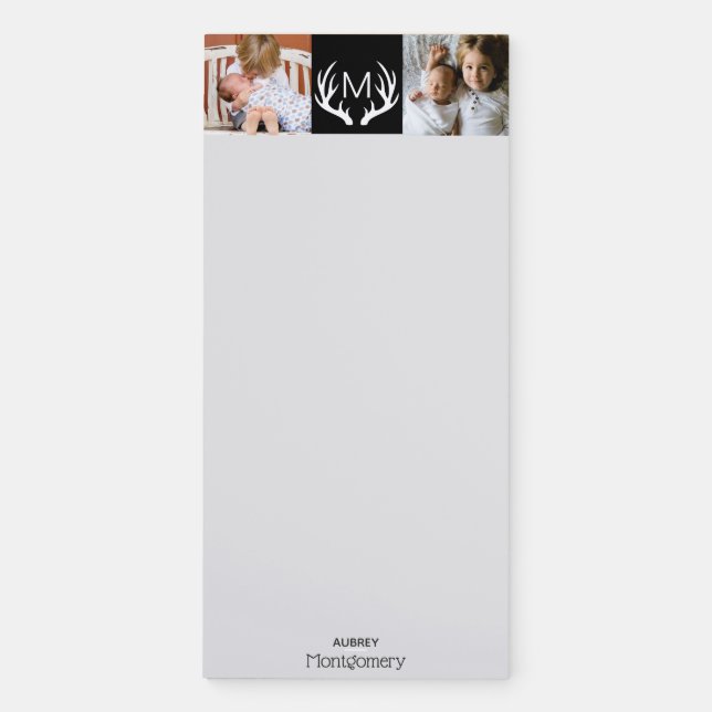 Modern Rustic 2 Family Photos Deer Antlers Magnetic Notepad (Front)