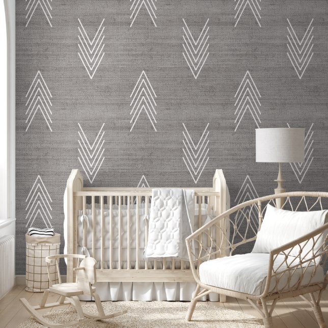 Modern Rustic African Mudcloth Gray Wallpaper (Kids)