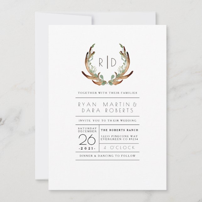Modern Rustic Antler Watercolor | Wedding Invite (Front)