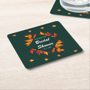 Modern Rustic Autumn Leaves Bridal Shower Square Paper Coaster