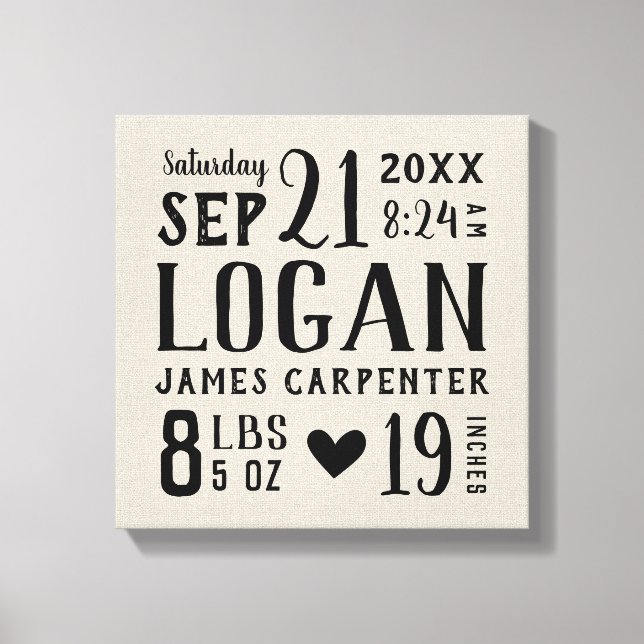 Modern Rustic Baby Birth Stats Nursery Art Canvas Print (Front)