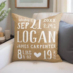 Modern Rustic Baby Birth Stats Nursery Pillow