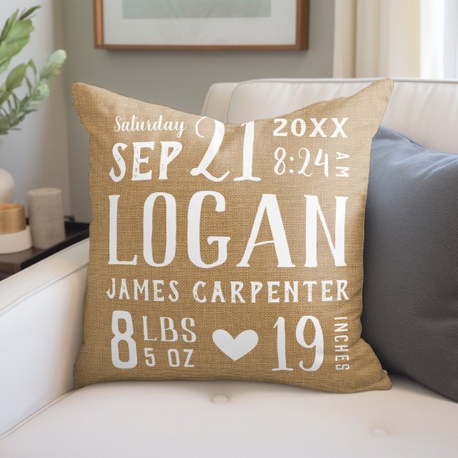 Modern Rustic Baby Birth Stats Nursery Pillow (Creator Uploaded)