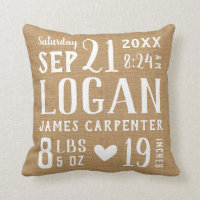 Modern Rustic Baby Birth Stats Nursery Pillow