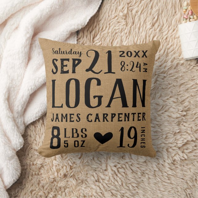 Modern Rustic Baby Birth Stats Nursery Pillow (Blanket)