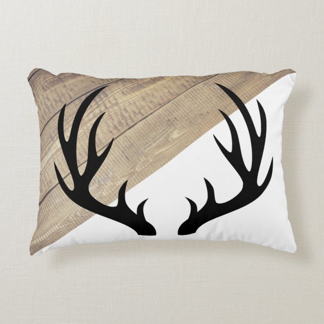Modern Rustic Barn Wood & Black Antlers Accent Pillow (Front)