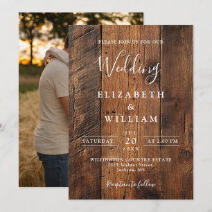 Modern Rustic Barn Wood Photo Wedding Invitation