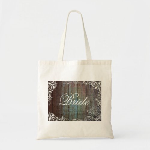 modern rustic barnwood lace bride tote bag