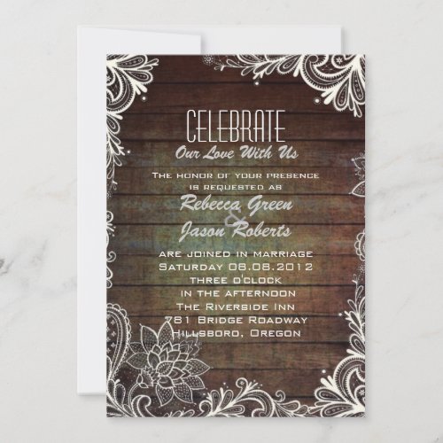 modern rustic barnwood lace country wedding invitation