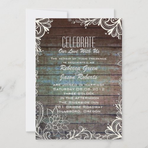 modern rustic barnwood lace wedding invitation