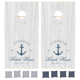 Modern Rustic Beach House Anchor Blue White Cornhole Set
