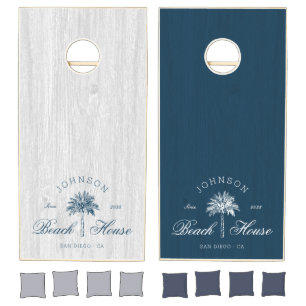 Modern Rustic Beach House Palm Tree Blue Cornhole Set