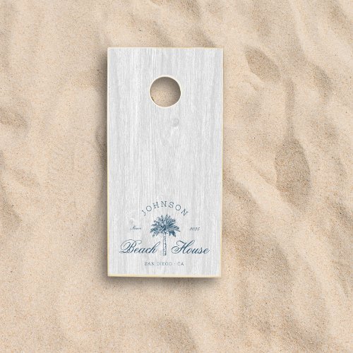 Modern Rustic Beach House Palm Tree Blue White Cornhole Set