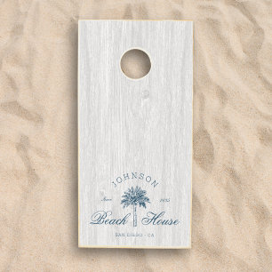 Modern Rustic Beach House Palm Tree Blue White Cornhole Set