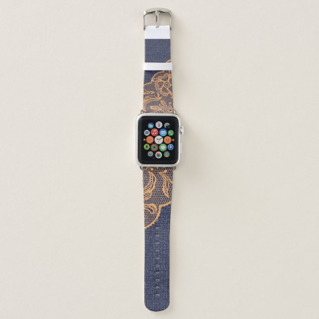 Modern Rustic Beige lace Denim, Jeans, birthday Apple Watch Band (Front)