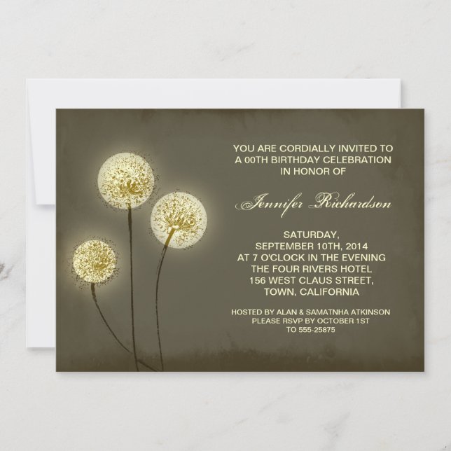 modern rustic birthday dandelions invitations (Front)
