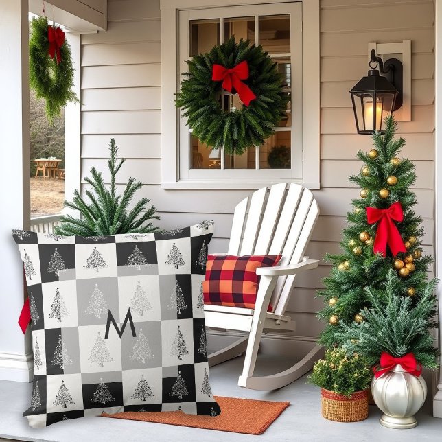 Modern rustic black and white pine trees monogram outdoor pillow (Modern rustic pine trees black and white monogrammed Christmas outdoor pillow.)