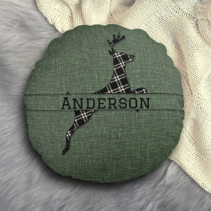 Modern Rustic Black And White Plaid Deer Round Pillow