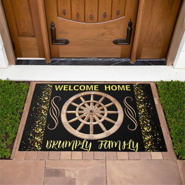 Modern Rustic Black Gold Farmhouse Family Welcome  Doormat (Outdoor)