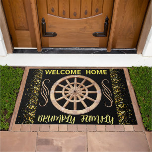 Modern Rustic Black Gold Farmhouse Family Welcome  Doormat
